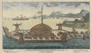 Vue du radeau français, tel que vu flottant à St. Maloes, en février 1798. La machine mesure 600 pieds de long et 300 de large, monte 500 pièces de canon, 36 et 48 livres, et doit transporter 15 000 troupes pour l