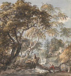 Un ruisseau boisé avec pêcheur - Unknown artist