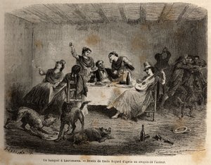 Un banquet à Lauramarca (Bas Pérou), un homme entouré de femmes indiennes, est servi et choyé, tandis que, profitant de sa distraction, ses serviteurs se battent à son insu. Gravure pour illustrer le voyage dans les vallées de Quinquinas (Pérou), par Alfre - Unknown artist