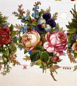 Un bouquet mélangé avec des roses, des violettes. Chromolithographie du 19ème siècle