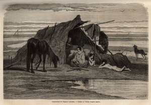 Un camp de gitans nomades dans les plaines du nord de la Bosnie. Gravure pour illustrer les souvenirs de voyage parmi les Slaves du sud, par Georges Perrot, en 1868, publié dans « Le tour du monde » 1870-1871, édité par Édouard Charton, édition Hachette, P
