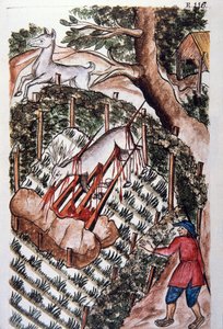 Un cerf tombe dans le piège des chasseurs, du livre "Trujillo del Peru" ou "Códice Martínez Compañón", par Baltazar Martinez Compañón y Bujanda, évêque de Trujillo (1782-1785) - Unknown artist