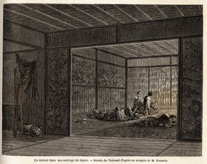 Un dortoir dans une auberge au Japon. Gravure pour illustrer le voyage au Japon en 1863-1864, par Aimé Humbert, ministre de la Confédération suisse, dans "Le tour du monde, nouveau journal des voyages", publié sous la direction d
