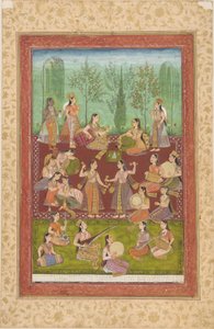 Un groupe de femmes dans un jardin, se divertissant avec de la musique et de la danse - Unknown artist