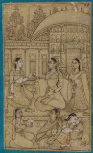 Une dame et ses serviteurs assis dans une cour - Unknown artist