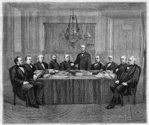 Réunion du Conseil des ministres à Versailles. De gauche à droite : Louis Buffet (1818-1898), ministre de l