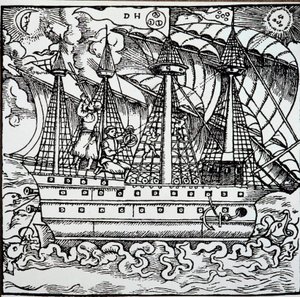 Un navigateur sur une caravelle portugaise utilisant un astrolabe - Unknown artist