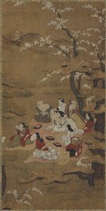 Un pique-nique : huit personnes assises sous des arbres en fleurs - Unknown artist