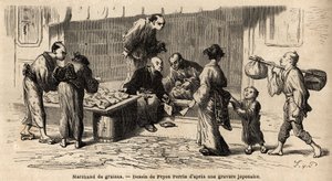Un marchand de graines au milieu de la rue. Gravure pour illustrer le voyage au Japon, en 1863-1864, par Aimé Humbert, ministre de la Confédération suisse, dans « Le tour du monde, nouveau journal des voyages » publié sous la direction d