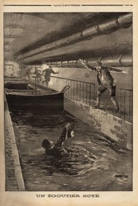 Un égoutier de Paris se noie en nettoyant une dérivation fangeuse. Gravure dans Le petit journal 15/9/1899. Collection Selva. - Unknown artist