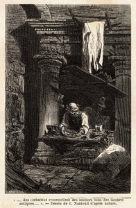 Un cordonnier, qui a installé son atelier et travaille dans des ruines antiques. Gravure pour illustrer le voyage à Rome, par Francis Wey, en 1864-1868, publié dans "Le tour du monde" en 1869, édité par Edouard Charton, édition Hachette, Paris. Collection 