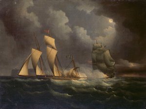 Un lougre de contrebande poursuivi par une brigantine navale, vers 1825