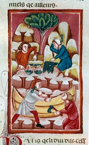 Un commerçant utilisant une balance, un forgeron frappant sur une enclume, deux ouvriers travaillant sur un bateau dans un chantier naval. Miniature tirée des "Faits des Romains" 13ème siècle Venise, bibliothèque Marciana - Unknown artist