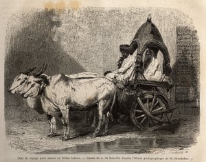 Un char de voyage tiré par deux bœufs blancs