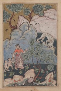 Une femme avec deux enfants, ayant abandonné sa maison, entre dans la forêt où elle rencontre un léopard, des Contes d