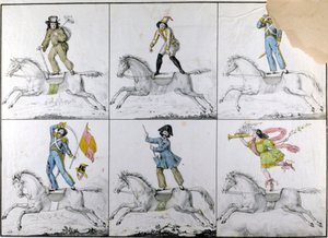 Acrobaties : exercices acrobatiques à cheval. Gravure
