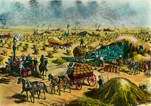 Révolution agricole : récolte de blé dans le Dakota par des machines à vapeur - Unknown artist