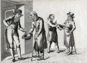 Amone. Mendiants tendant des chapeaux pour recevoir des pièces. Gravure fin XVIIIe siècle. Collection privée. - Unknown artist