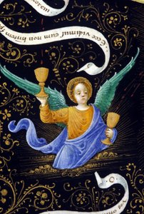 Ange tenant deux calices. Miniature de Belbello da Pavia