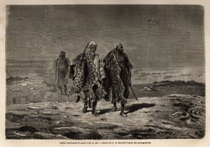 Bédouins arabes, marchands de peaux de panthère et de laine de mouton, en route vers le marché de Bagdad (Irak). Gravure pour illustrer le voyage en Babylonie, en 1866, par Guillaume Lejean, dans « Le tour du monde, nouveau journal des voyages » publié sou - Unknown artist