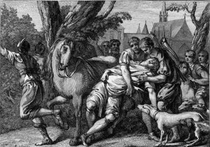 Assassinat de Chilpéric Ier (539-584), roi de Neustrie, commandité par sa femme, la reine Frédégonde (vers 545-597), en 584. Gravure du 18ème siècle.