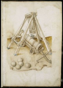 Canon à balles et élévateur - Manuscrit : feuille de parchemin d