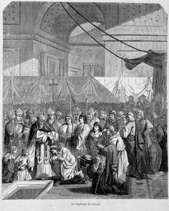 Baptême de Clovis par Anastase II dans la cathédrale de Reims le 25 décembre 498 - dans « Histoire des papes », vol. 1, Maurice Lachatre - Unknown artist