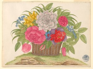 Panier de fleurs et de feuilles sur la terre
