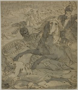 Scène de bataille avec général en charge à cheval au premier plan, artillerie et canons en arrière-plan