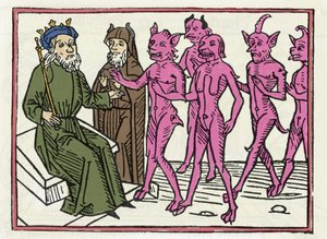Le procès de Belial : "Le démon Belial accompagné de quatre autres démons est présenté au juge Salomon" Gravure de "Le procès de Belial" par Jacobus de Teramo (ou Palladino), Augsbourg - Unknown artist
