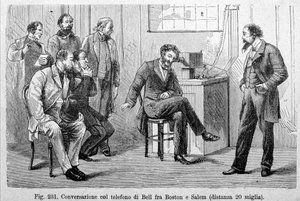 Conversation téléphonique Bell entre Boston et Salem (20 miles de distance). Gravure du 19e siècle