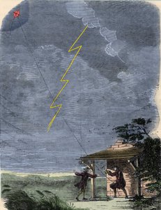 Benjamin Franklin, philosophe, physicien et ambassadeur américain, expérimentant son paratonnerre monté sur un cerf-volant. Septembre 1752.