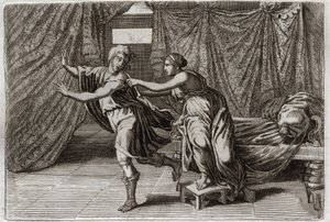 Bible de Royaumont, Ancien Testament : Chasteté de Joseph. Joseph sollicité par la femme de Putiphar, et emprisonné. Illustration de 1811. - Unknown artist