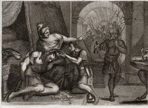 Bible de Royaumont, Ancien Testament : Mort de Samson. Samson révèle à Dalila que sa force réside dans ses cheveux. Elle les coupe et fait entrer les soldats philistins dans la chambre. Illustration de 1811. - Unknown artist