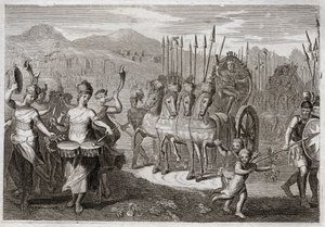 Bible de Royaumont, Ancien Testament : Triomphe de David. Après que David a vaincu le géant Goliath, les femmes d