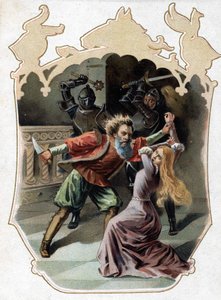 Barbe Bleue. Conte de Charles Perrault. 1697. Chromolithographie de la fin du XIXe siècle. Autocollant « Au bon marché ». « Barbe Bleue tente de tuer sa femme, qui a essayé d