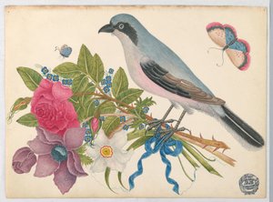Oiseau bleu sur un bouquet de roses et de tulipes, avec des papillons