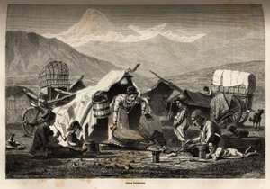 Camp bohémien. Gravure pour illustrer le voyage dans les provinces du Caucase, par Basile Vereschaguine, en 1864-1865, publié dans "Le tour du monde, nouveau journal des voyages", édité par Edouard Charton