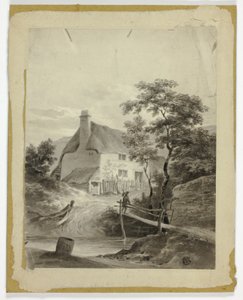 Garçon sur un pont devant un cottage - Unknown artist