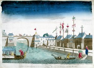 Pont de Cochinchine et bateaux distingués quittant les pavillons. Gravure de la fin du XVIIIe siècle - Unknown artist