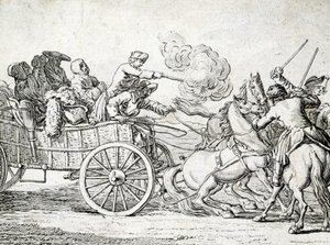 Brigands attaquant des passagers sur une charrette. Gravure par un anonyme du 18e siècle. - Unknown artist