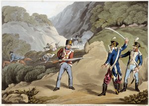 Soldat britannique capturant deux officiers français à la bataille des Pyrénées - dans « Anecdotes historiques, militaires et navales... » par Edward Orne - Unknown artist