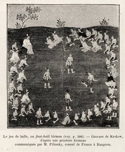 Football ou jeu de balle birman. Gravure de Cracovie pour illustrer le récit Quinze jours en Birmanie, par E.Cavaglion, en 1886, dans Le tour du Monde 1892, dirigé par Édouard Charton (1807-1891), Hachette, Paris. - Unknown artist