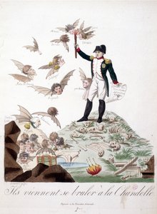 Caricature de Napoléon I représenté sur une colline couverte de squelettes et tenant une bougie qui brûle les ailes de personnages (Merlin de Douai, Regnault...) représentés en chauve-souris - dans Napoléon I, caricatures, collection factice. 1814 - 1815.  - Unknown artist