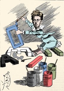 Caricature représentant le poète Arthur Rimbaud (1854-1891) couvrant des lettres de l