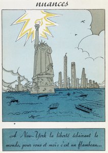 Caricature de la Statue de la Liberté aux États-Unis : "La liberté à New York illuminant le monde, pour vous et moi c