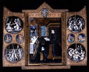 Catherine de Médicis (Caterina de Medici) (1519-1589) en prière - triptyque émail et cuir