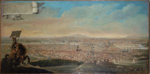 Vue cavalière de Paris, avec le portrait équestre du Chevalier des Essarts, circa 1645