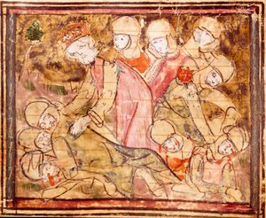 Charlemagne (742-814) trouve le corps de son neveu Roland mort à la bataille de Roncevaux Miniature des « Grandes Chroniques de France » 1375-1379 Bibliothèque municipale, Castres