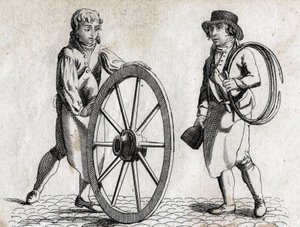 Charron avec roue de charrette et apprenti. Gravure fin XVIIIe siècle. - Unknown artist